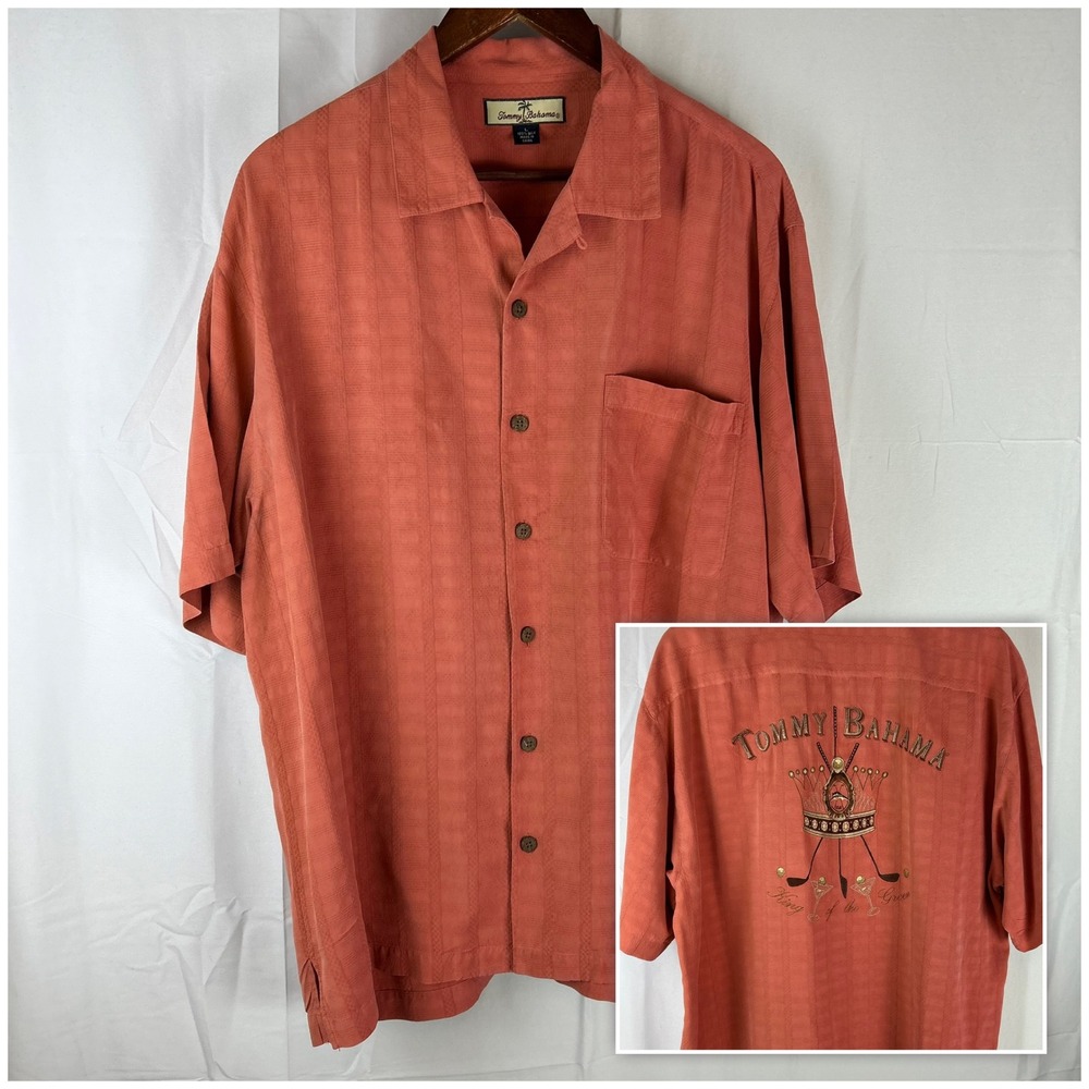 Tommy Bahama Silk Shirt Mens Large Pink Coral‎ King of the Green Golf Embroidery
